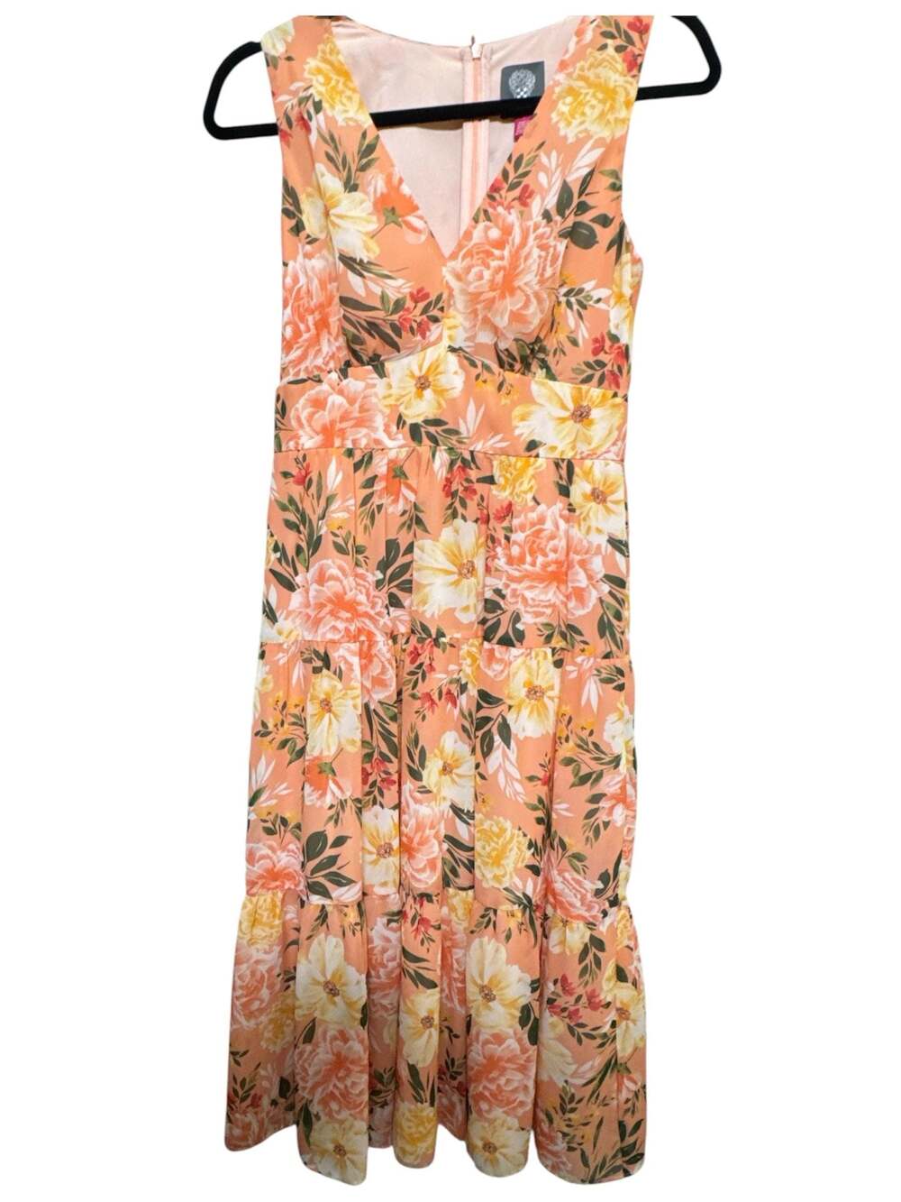 Vince Camuto peach chiffon tiered midi dress floral Romantic boho chic  2